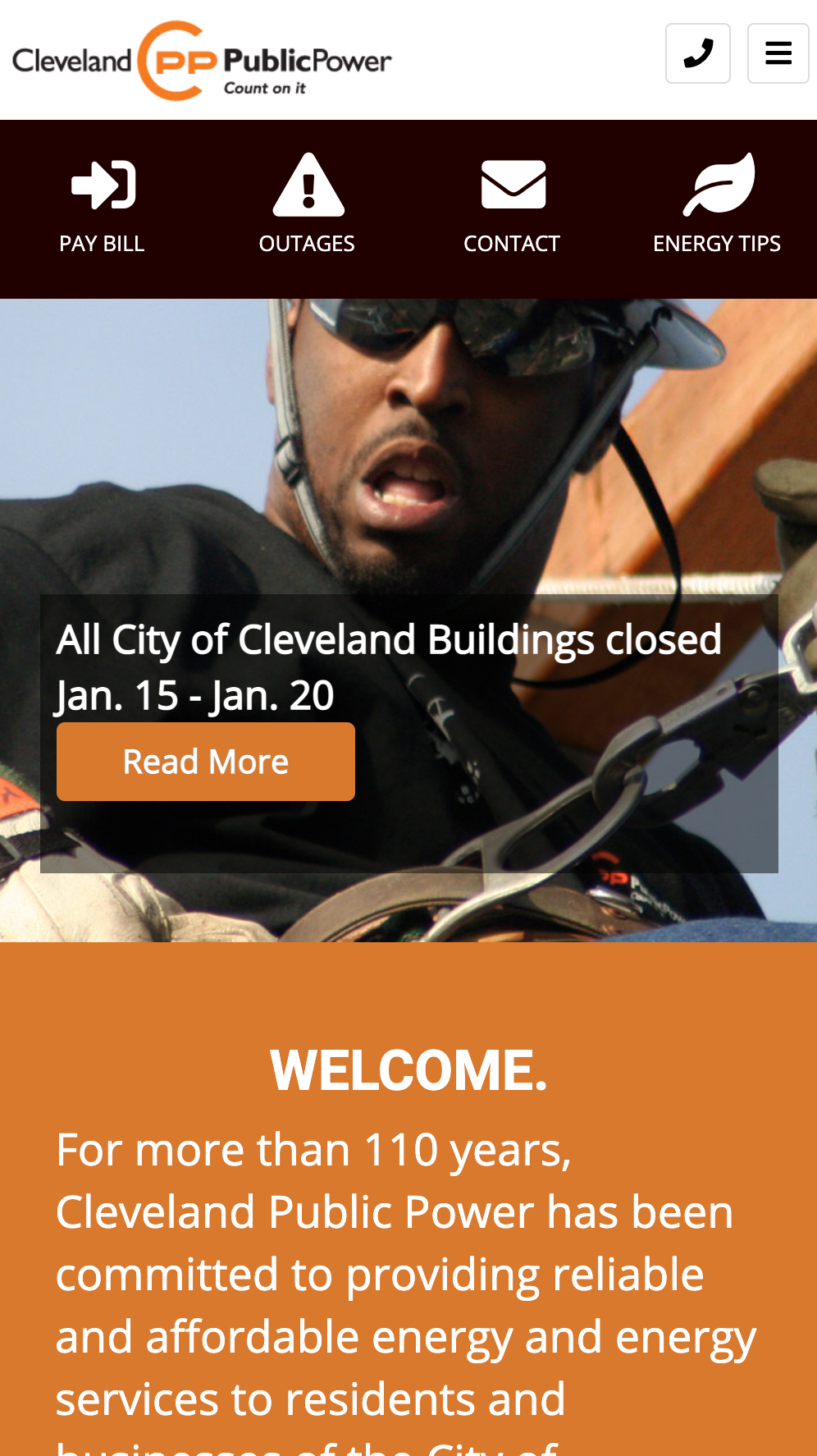 A view of the Cleveland Public Power website on a mobile phone