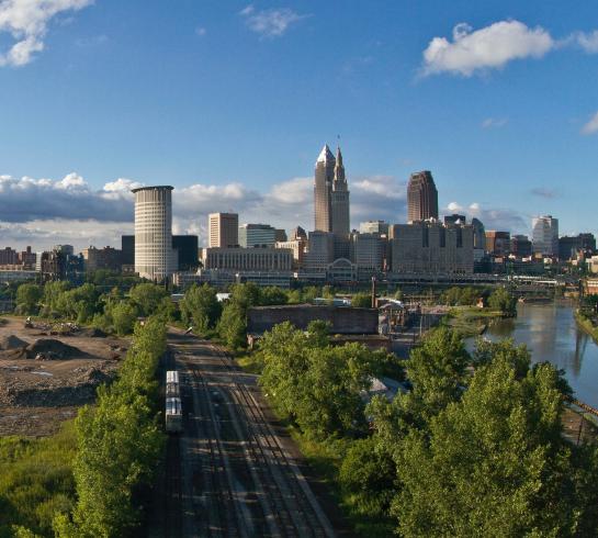 A wide shot of downtown Cleveland's skyline