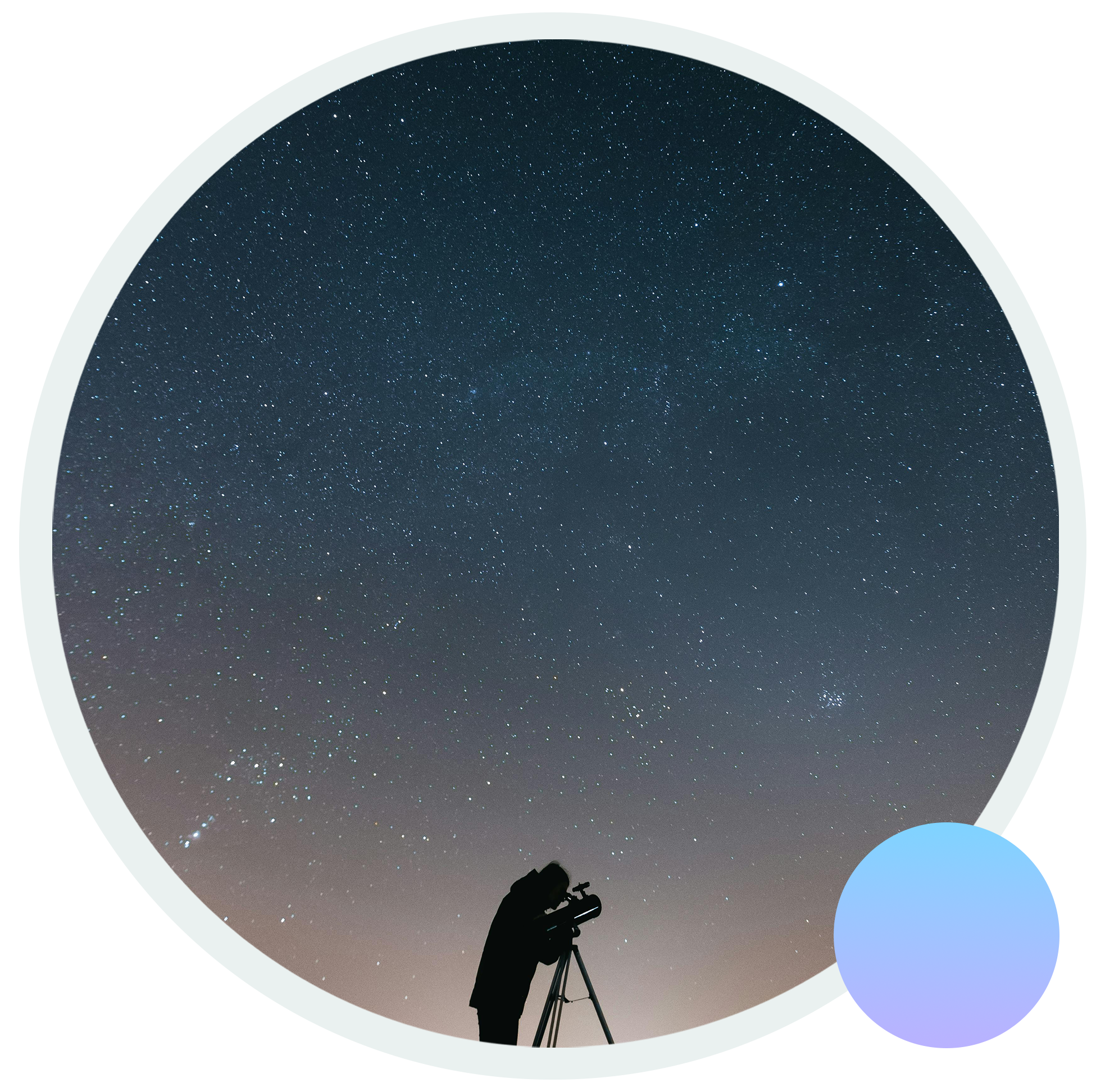 A man with a telescope looks out at a night sky rich with stars.