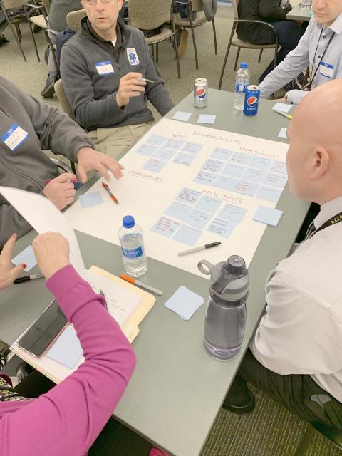 A group collaborates at a table during a user experience workshop