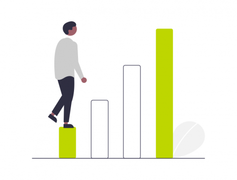 A graphic showing a figure stepping up a growing bar chart