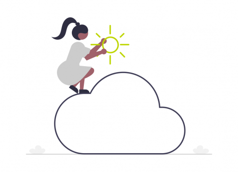 A figure of a woman with a cloud and a sun
