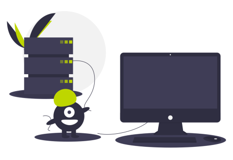 Illustration of an animated character removing a server from a desktop disply