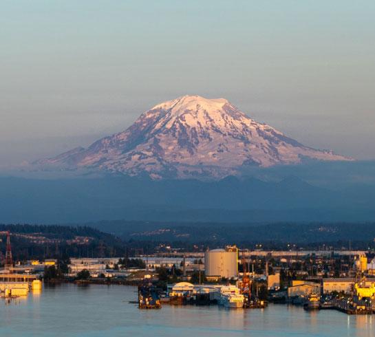 Port of Tacoma scene with Mt. Rainier in the distance